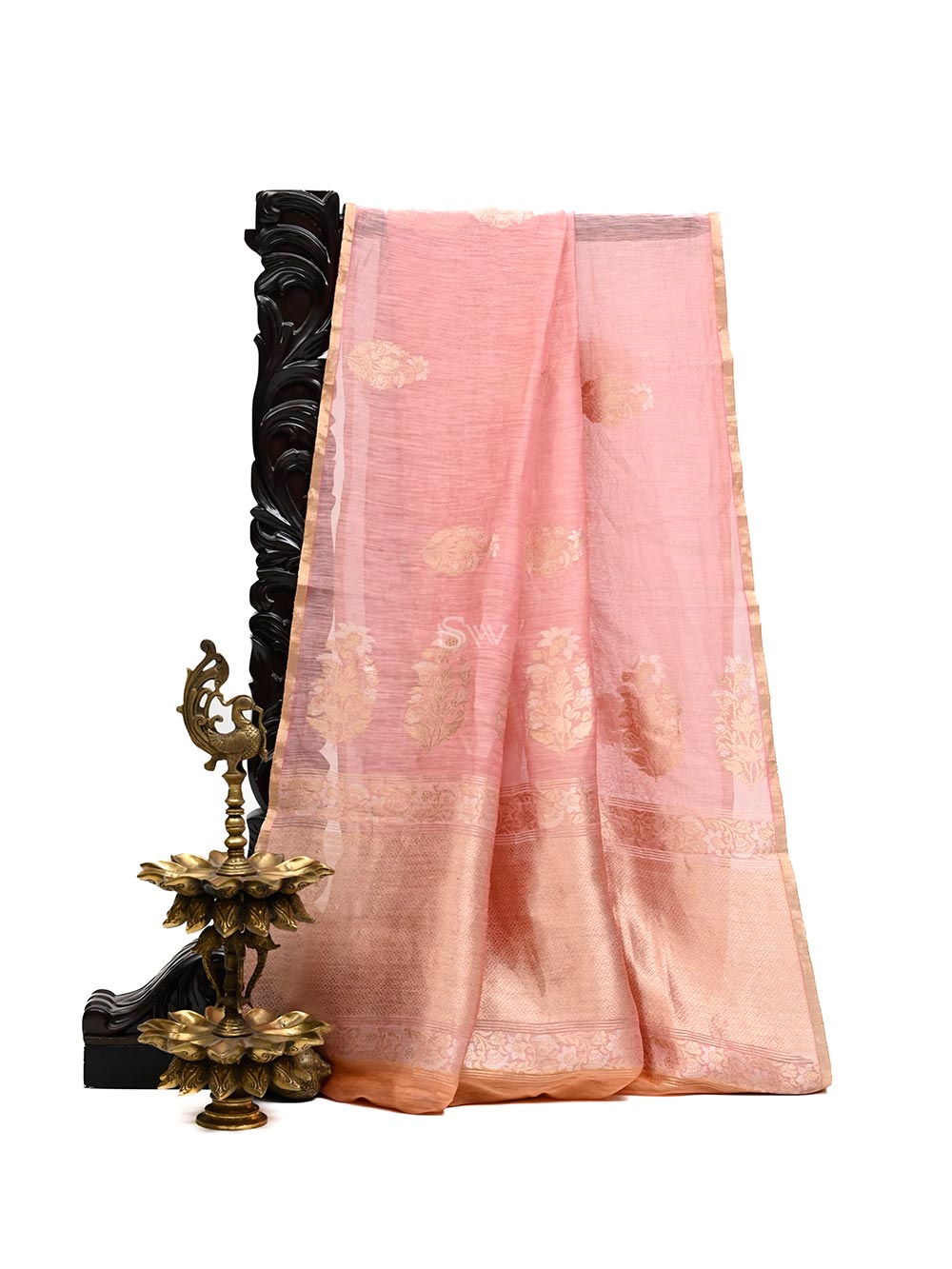 Pastel Pink Boota Linen Handloom Banarasi Saree - Sacred Weaves