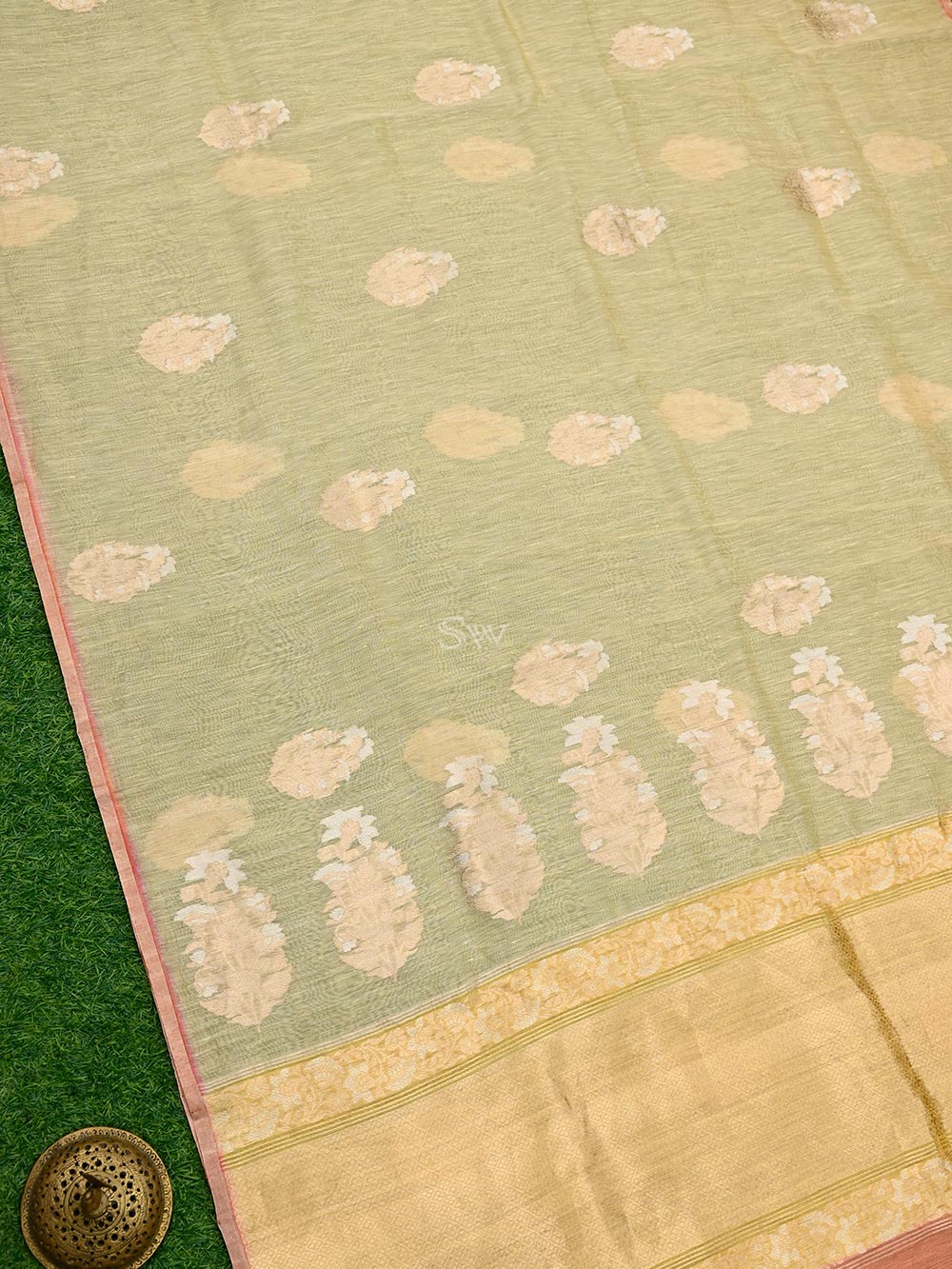 Pastel Yellow Boota Linen Handloom Banarasi Saree - Sacred Weaves