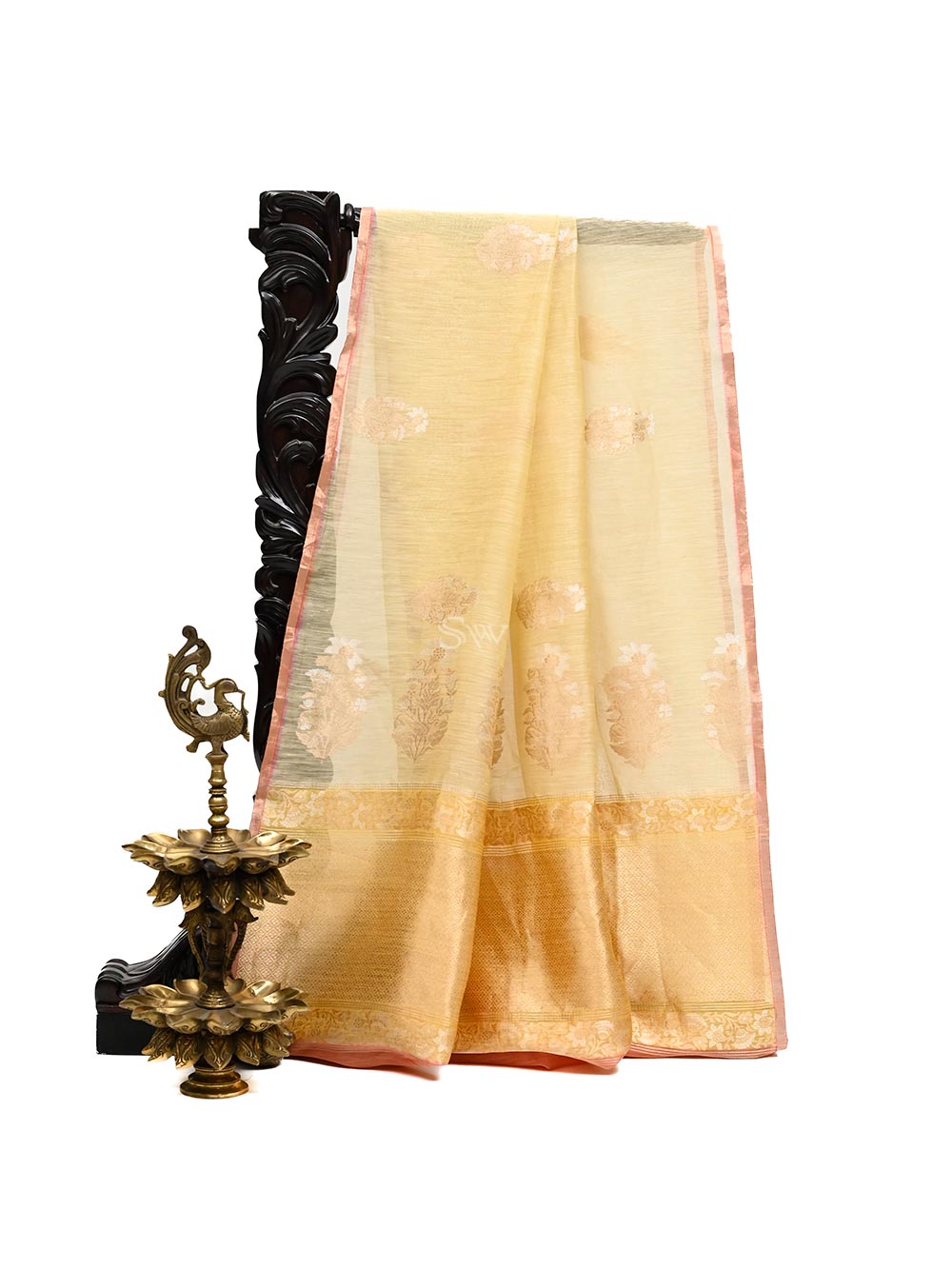 Pastel Yellow Boota Linen Handloom Banarasi Saree - Sacred Weaves