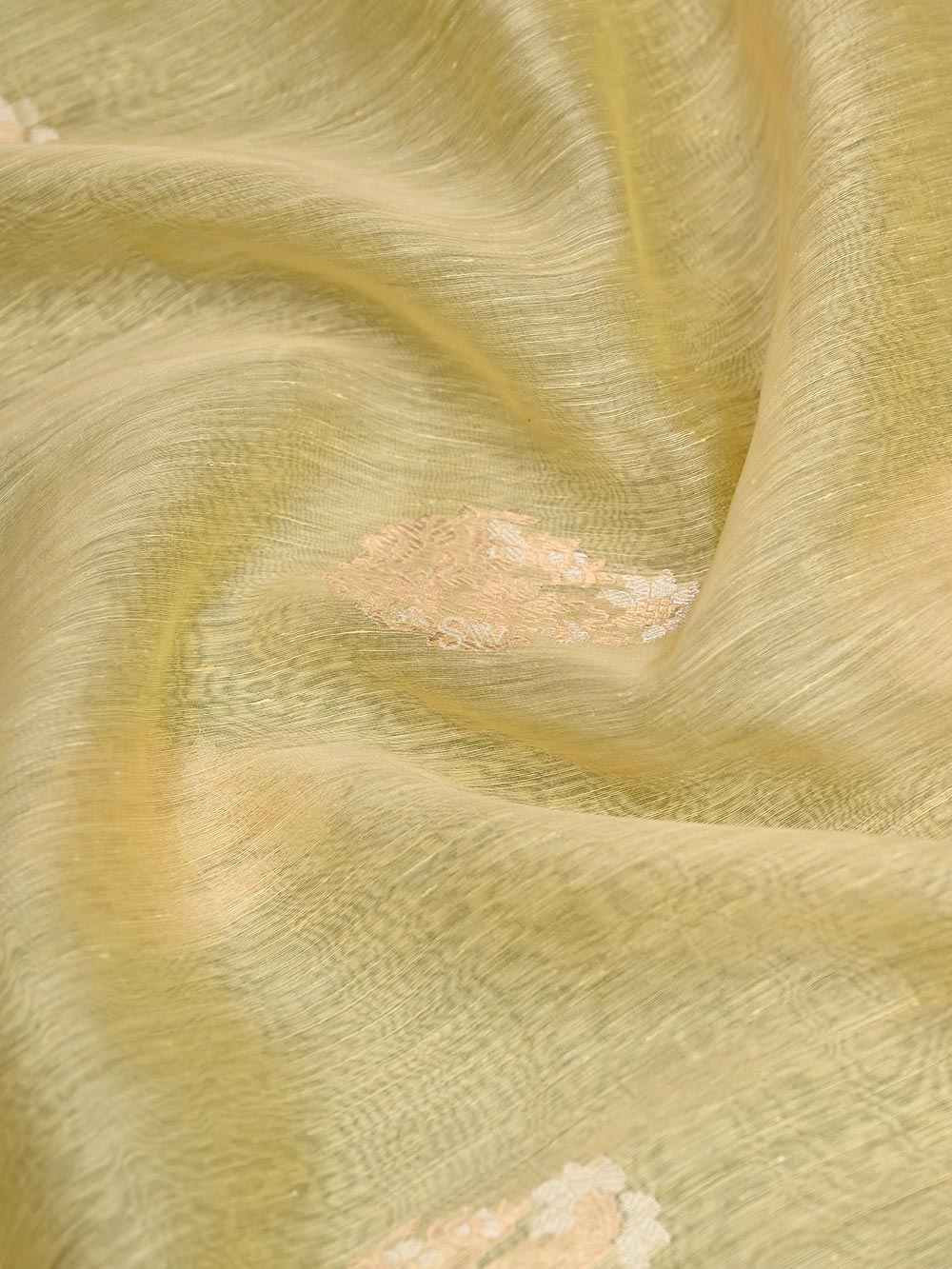 Pastel Yellow Boota Linen Handloom Banarasi Saree - Sacred Weaves