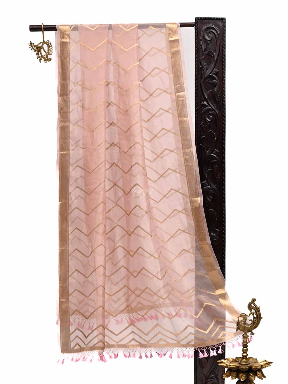 Pastel Pink Tissue Jaal Handloom Banarasi Dupatta - Sacred Weaves