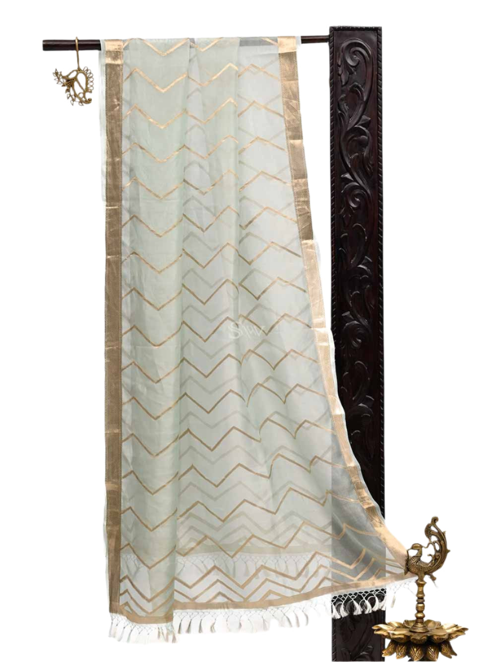 Sea Green Tissue Jaal Handloom Banarasi Dupatta - Sacred Weaves