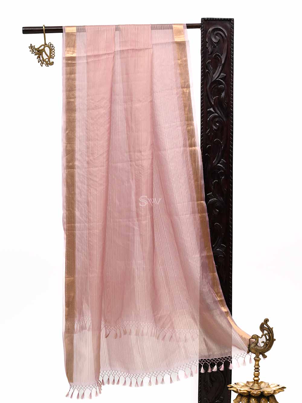 Pastel Pink Tissue Stripe Handloom Banarasi Dupatta - Sacred Weaves