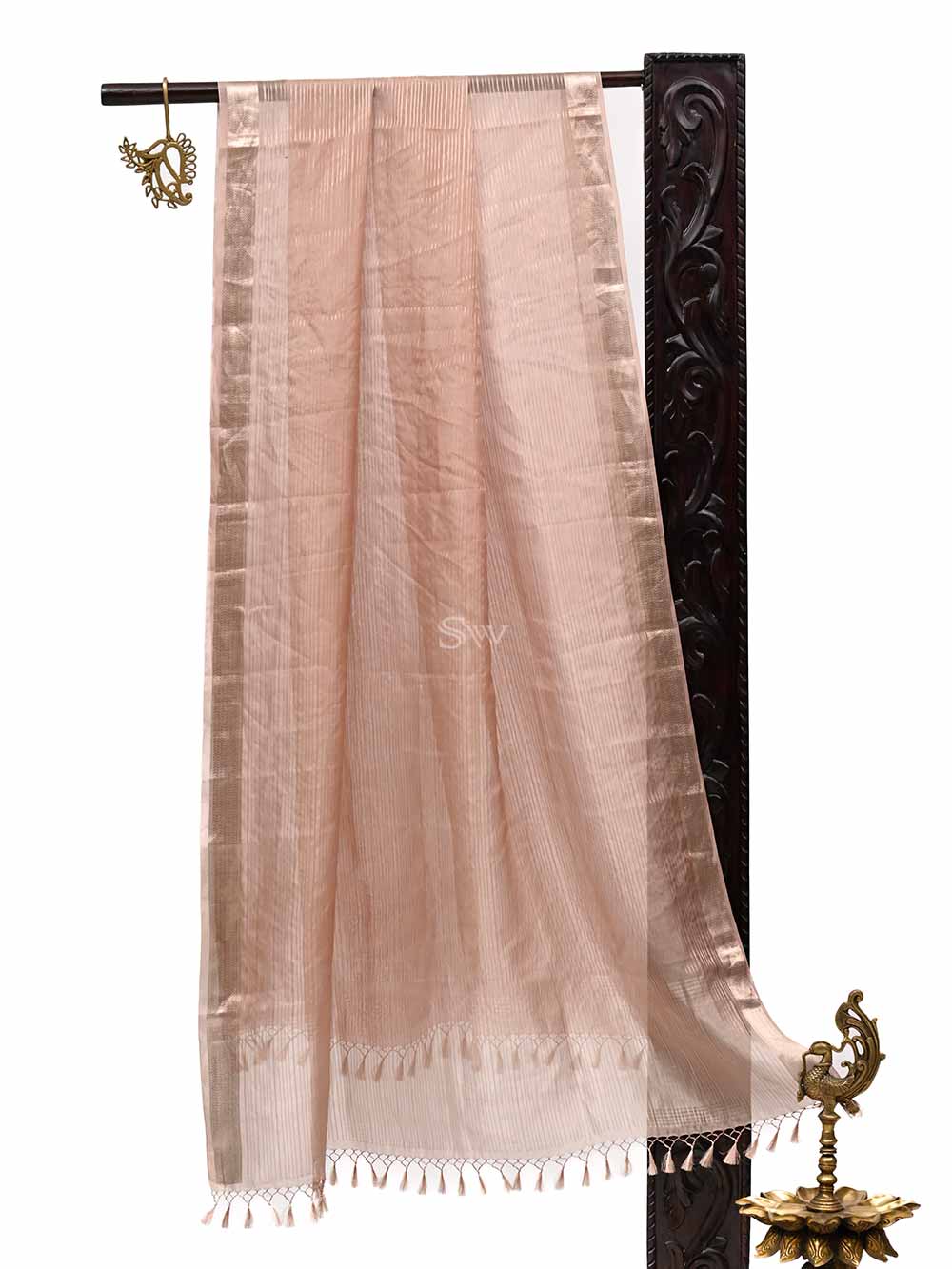 Pastel Peach Tissue Stripe Handloom Banarasi Dupatta - Sacred Weaves