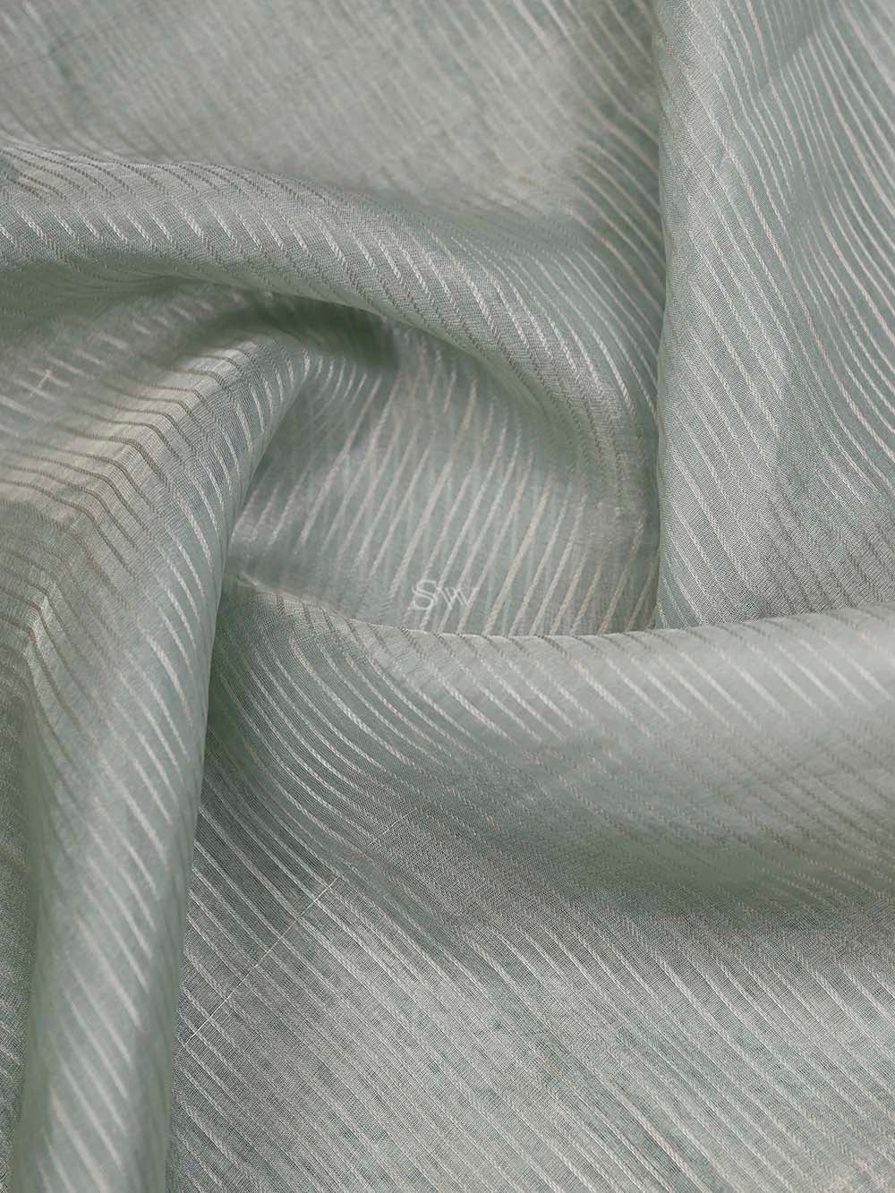 Sea Green Tissue Stripe Handloom Banarasi Dupatta - Sacred Weaves