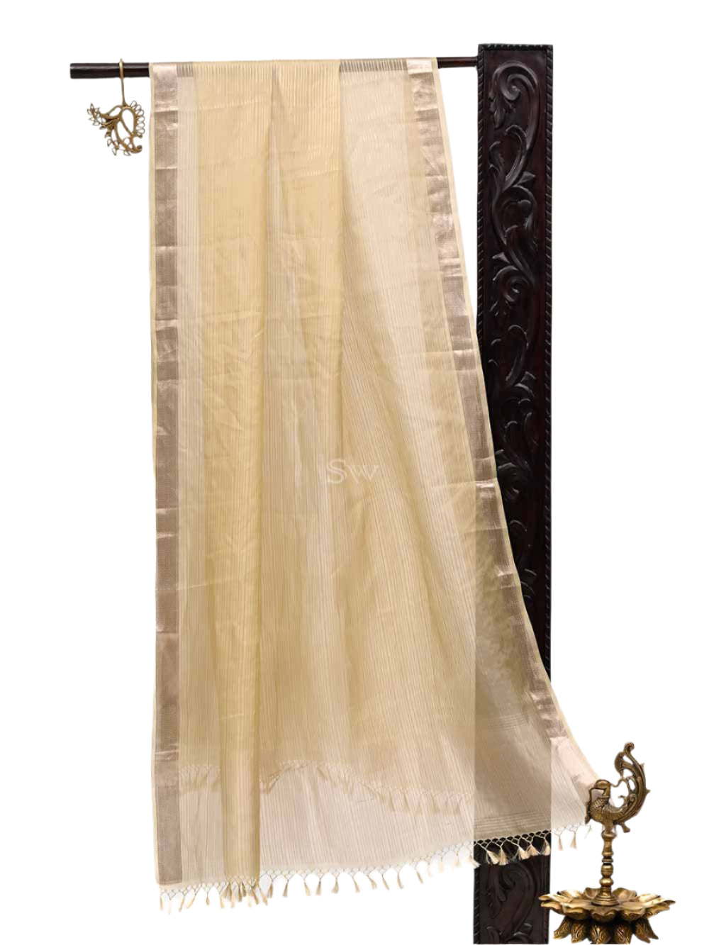 Pastel Yellow Tissue Stripe Handloom Banarasi Dupatta - Sacred Weaves