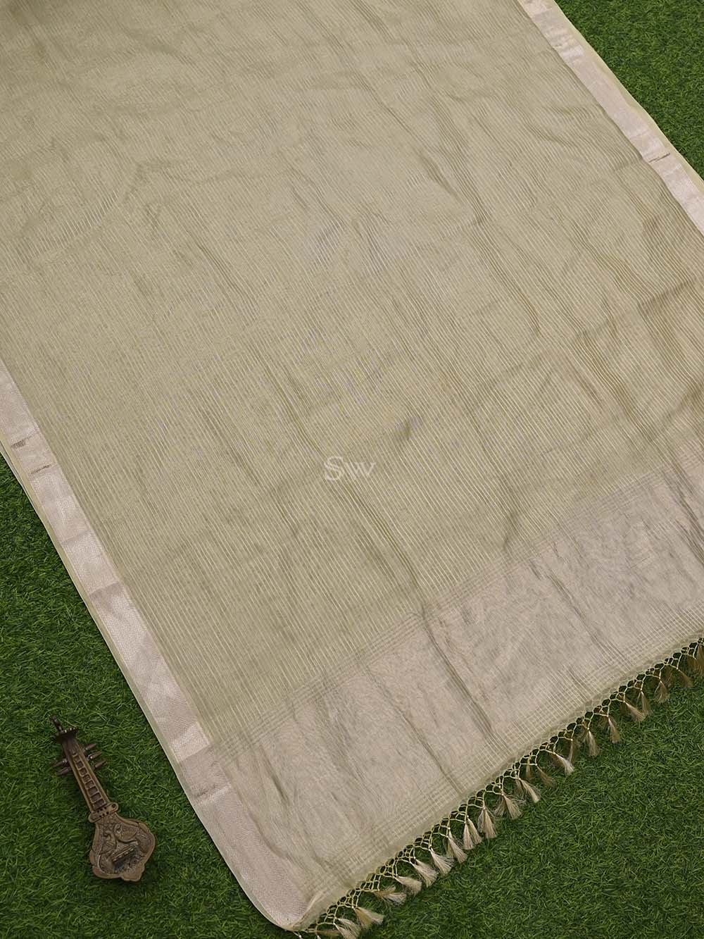 Pastel Yellow Tissue Stripe Handloom Banarasi Dupatta - Sacred Weaves