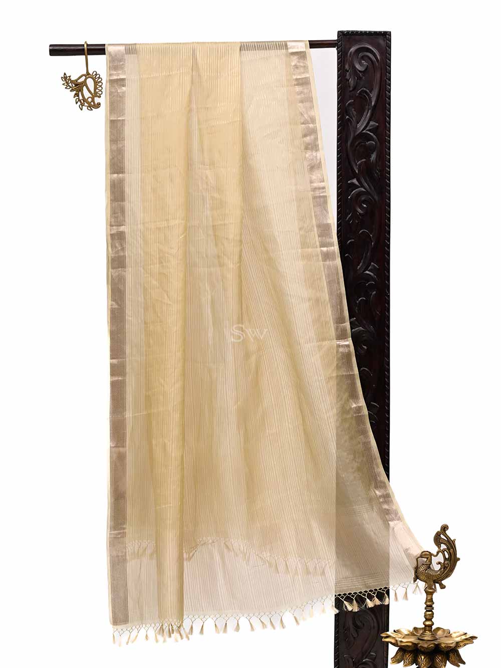 Pastel Yellow Tissue Stripe Handloom Banarasi Dupatta - Sacred Weaves