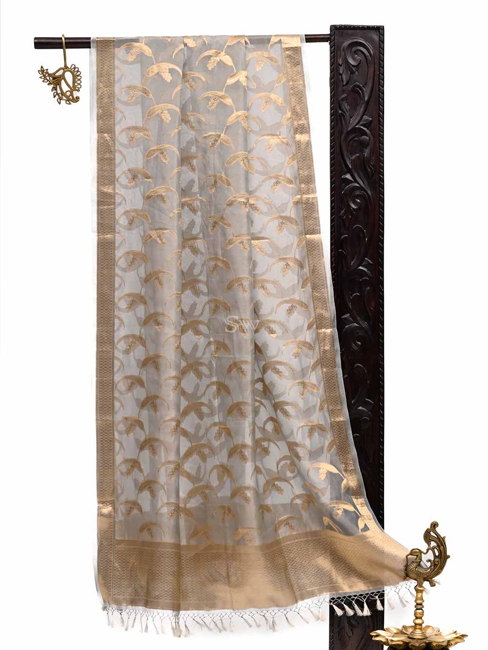 Grey Tissue Jaal Handloom Banarasi Dupatta - Sacred Weaves