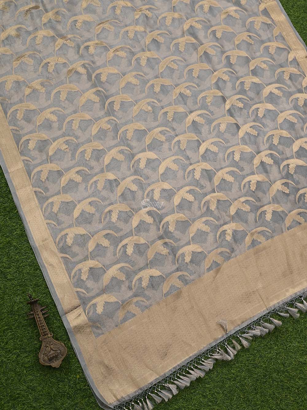 Grey Tissue Jaal Handloom Banarasi Dupatta - Sacred Weaves
