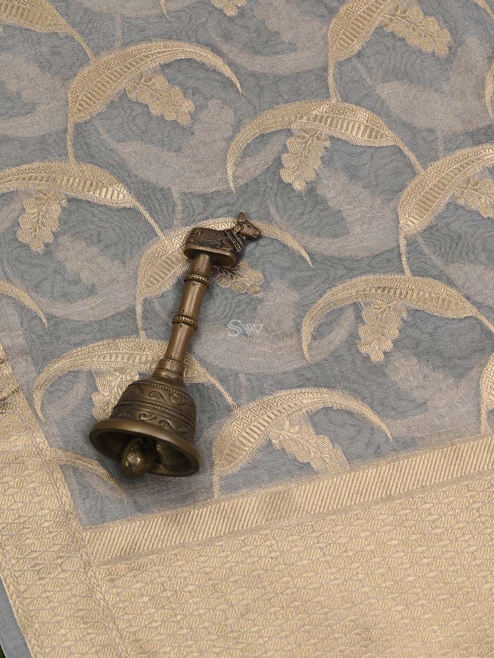 Grey Tissue Jaal Handloom Banarasi Dupatta - Sacred Weaves