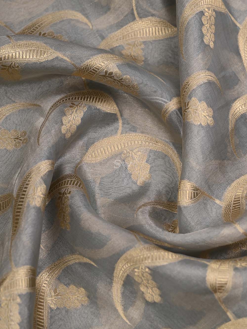 Grey Tissue Jaal Handloom Banarasi Dupatta - Sacred Weaves