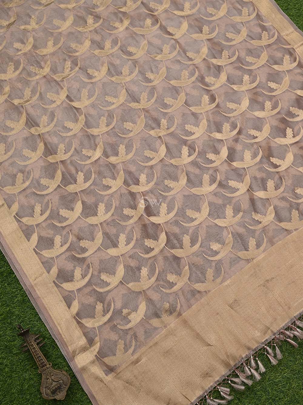 Dusty Peach Tissue Jaal Handloom Banarasi Dupatta - Sacred Weaves