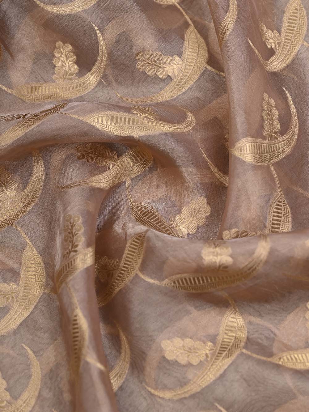 Dusty Peach Tissue Jaal Handloom Banarasi Dupatta - Sacred Weaves