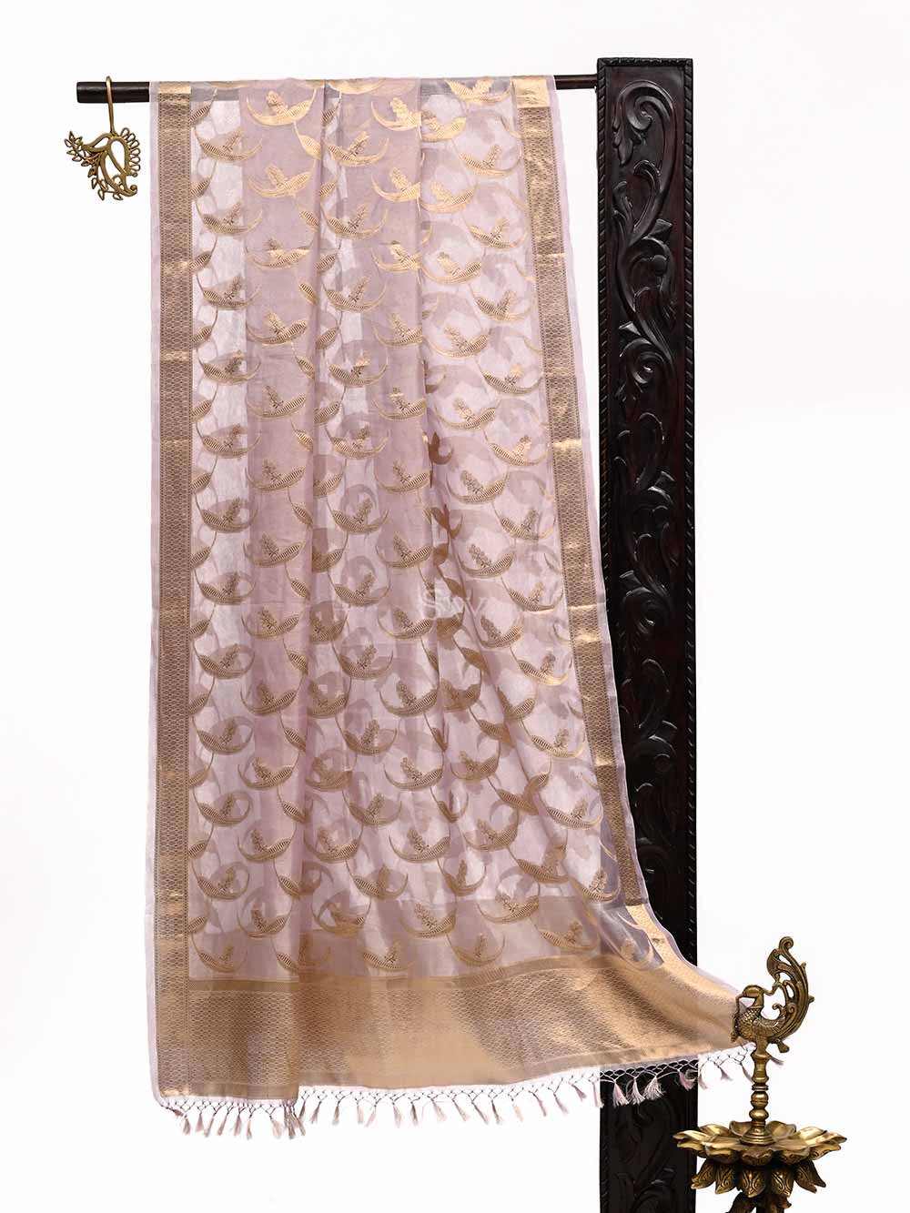 Dusty Lilac Tissue Jaal Handloom Banarasi Dupatta - Sacred Weaves