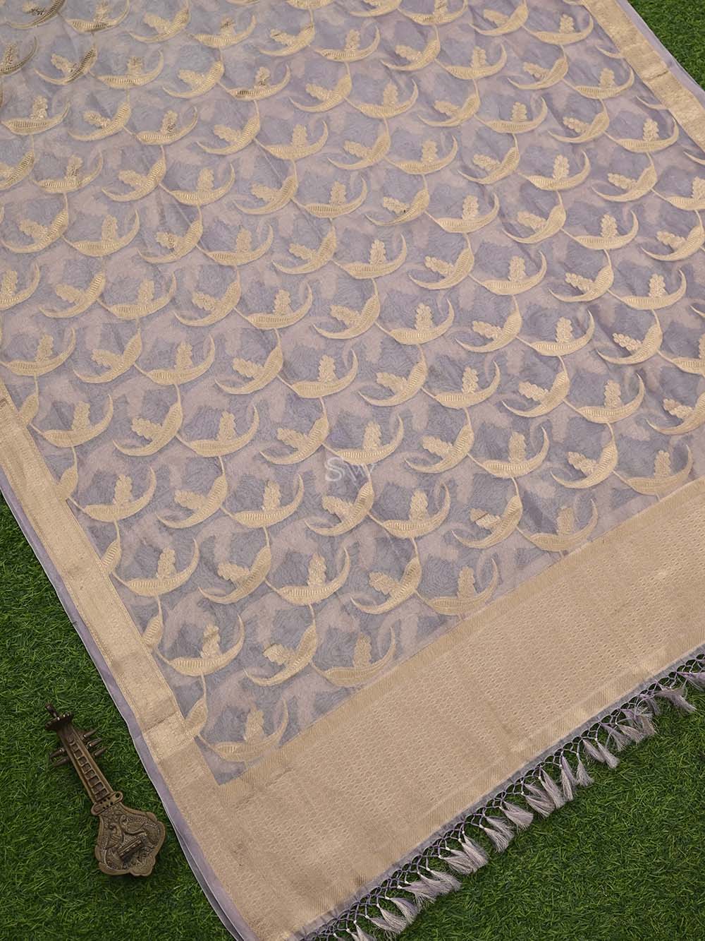Dusty Lilac Tissue Jaal Handloom Banarasi Dupatta - Sacred Weaves