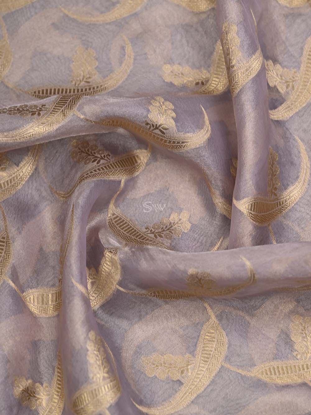 Dusty Lilac Tissue Jaal Handloom Banarasi Dupatta - Sacred Weaves