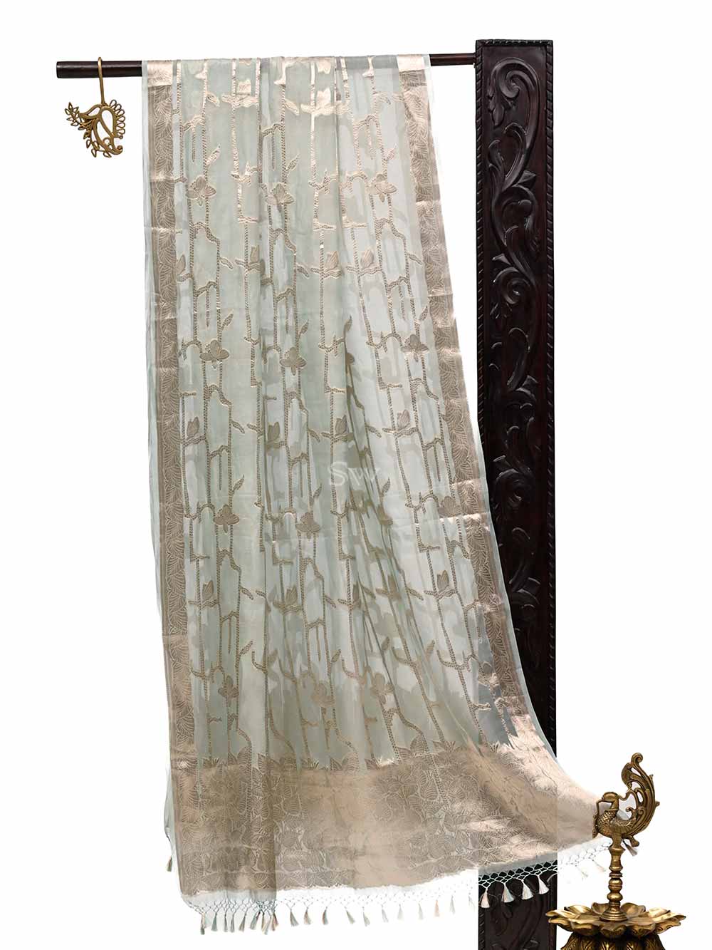 Sea Green Tissue Jaal Handloom Banarasi Dupatta - Sacred Weaves