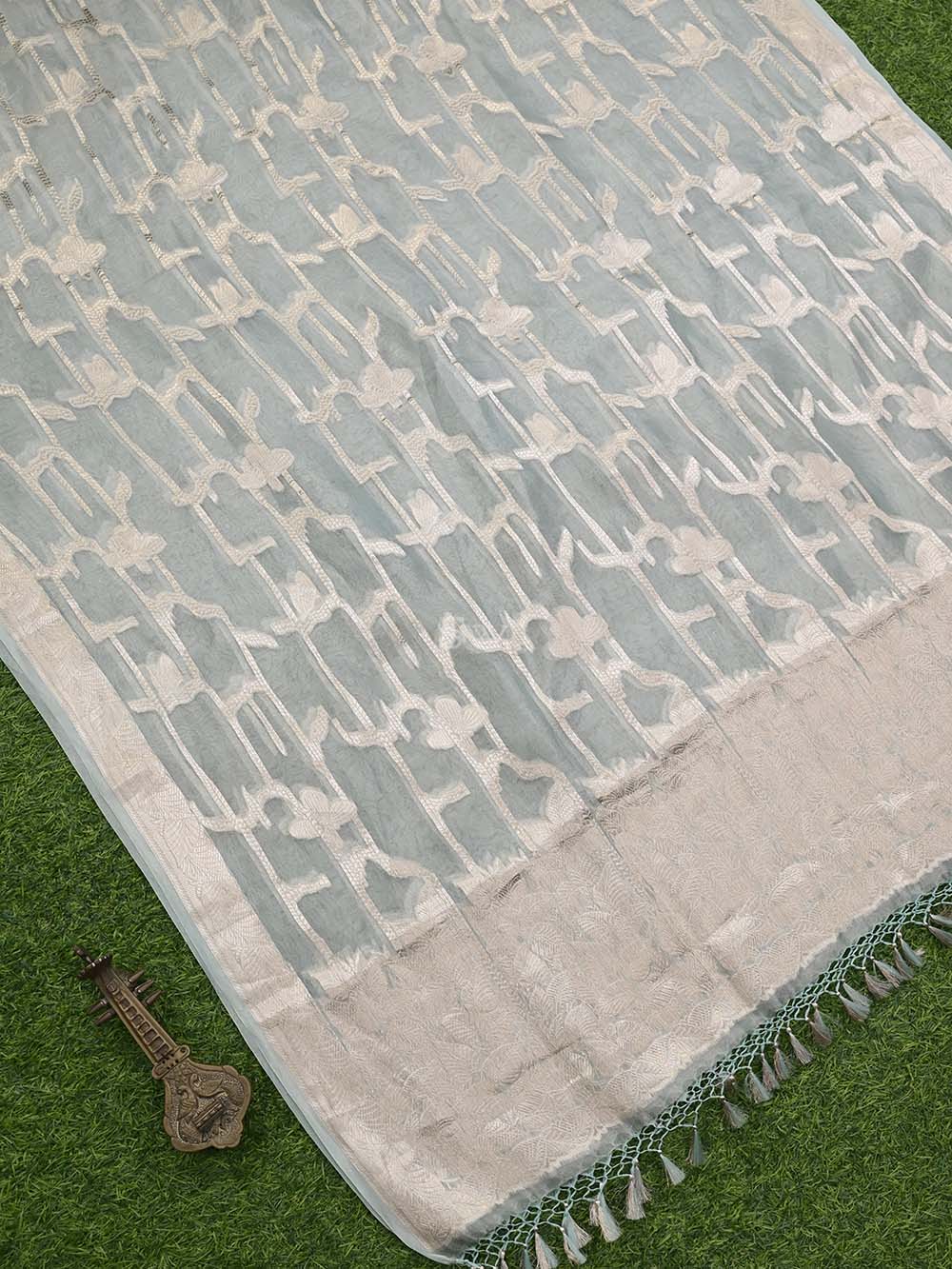 Sea Green Tissue Jaal Handloom Banarasi Dupatta - Sacred Weaves