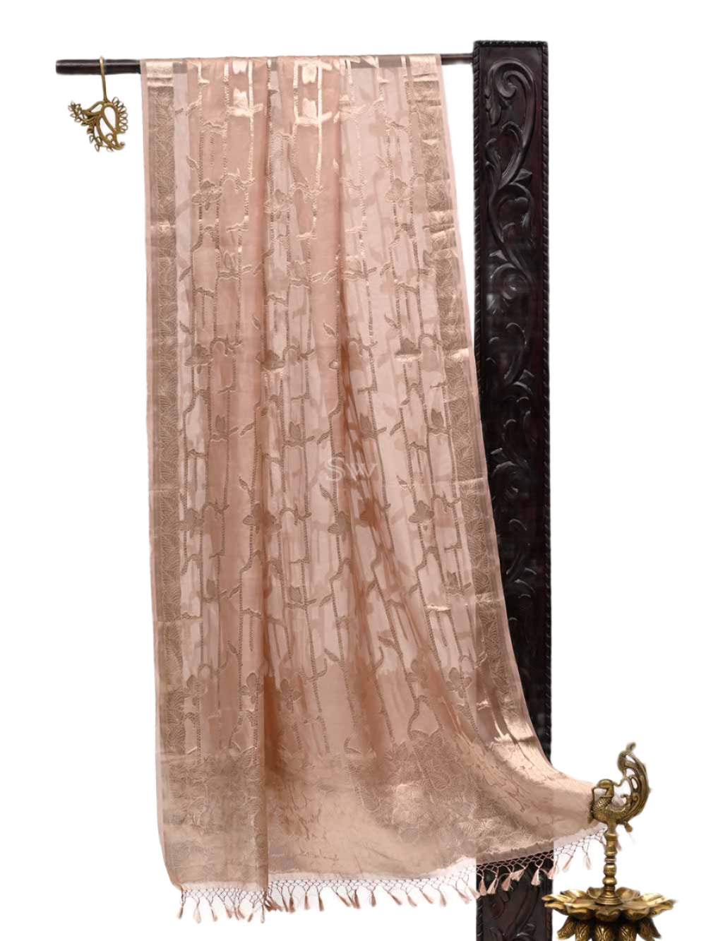 Dusty Peach Tissue Jaal Handloom Banarasi Dupatta - Sacred Weaves