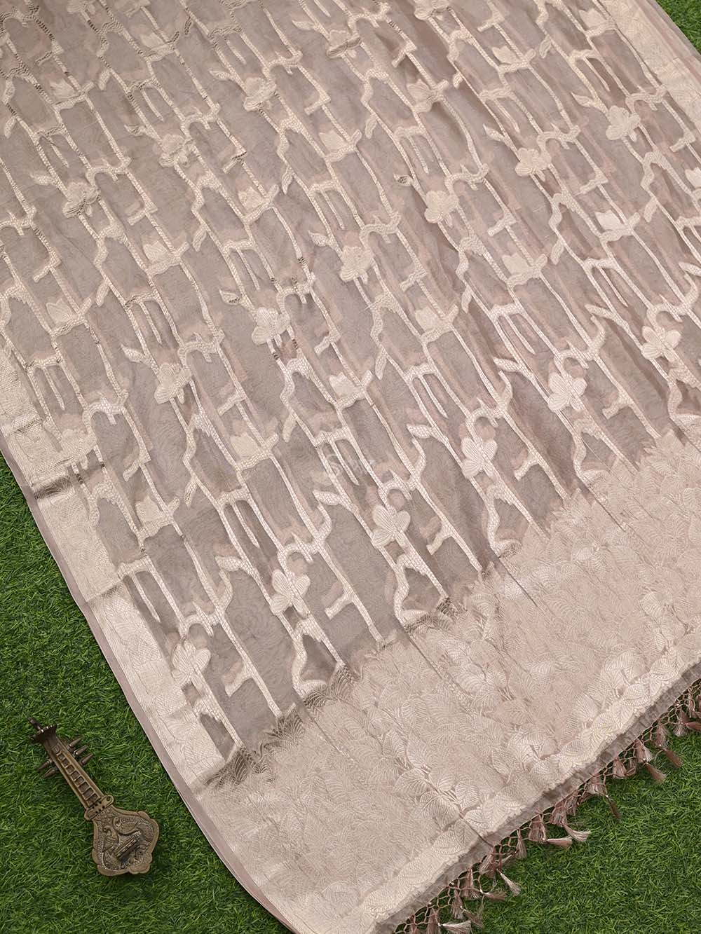 Dusty Peach Tissue Jaal Handloom Banarasi Dupatta - Sacred Weaves