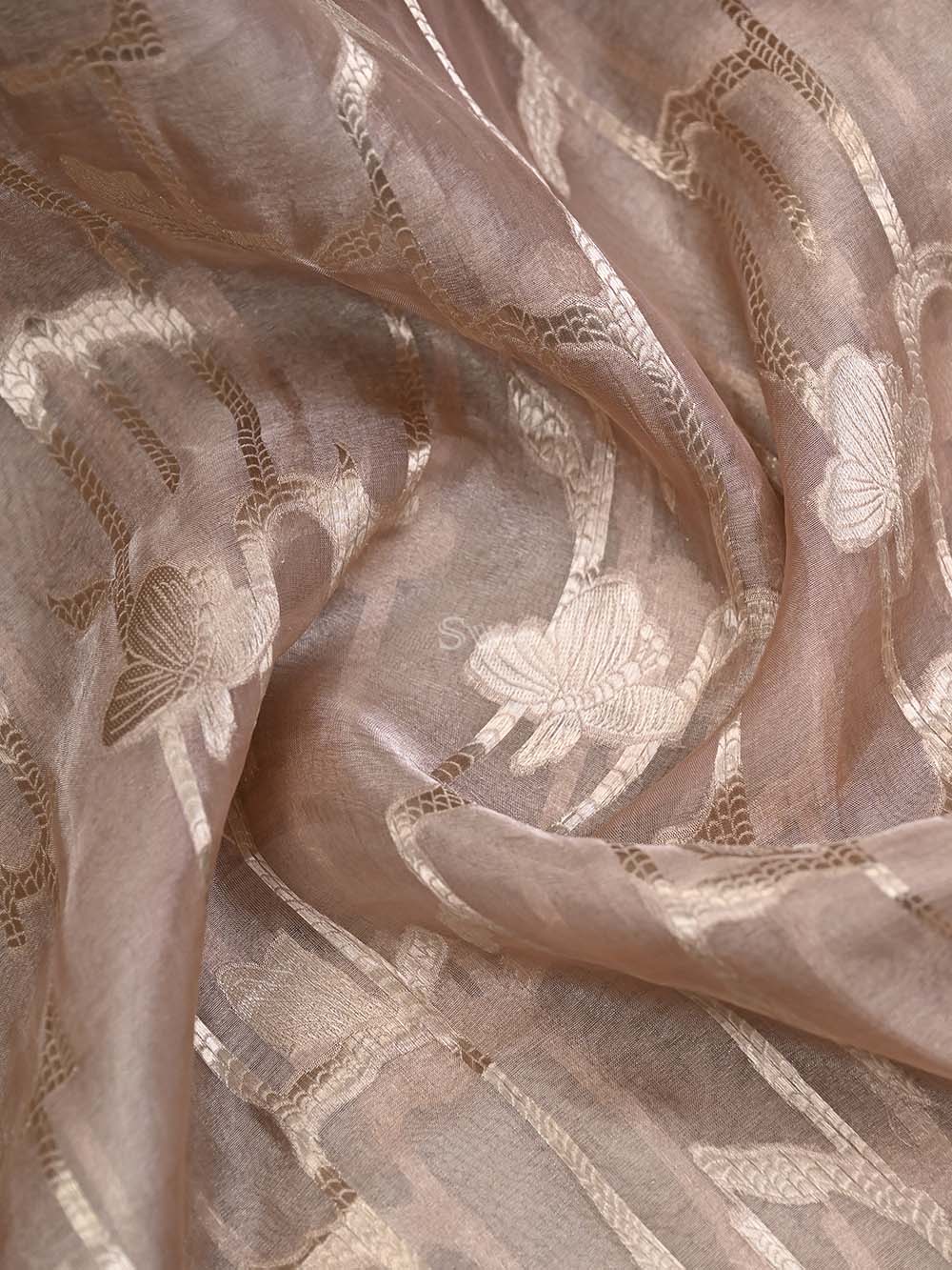 Dusty Peach Tissue Jaal Handloom Banarasi Dupatta - Sacred Weaves