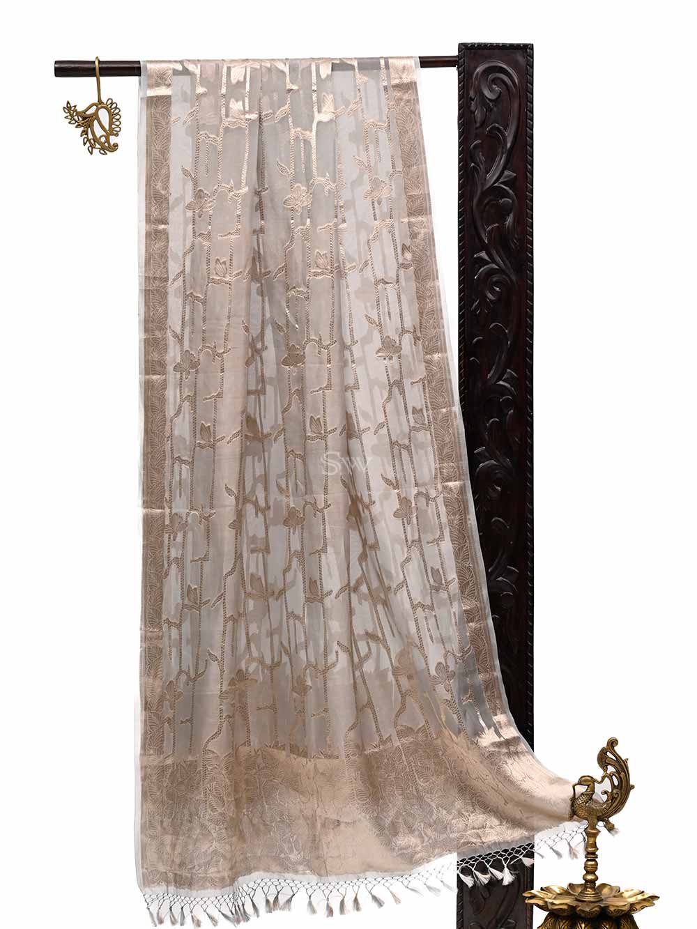 Grey Tissue Jaal Handloom Banarasi Dupatta - Sacred Weaves