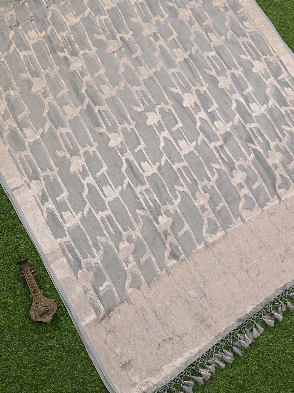 Grey Tissue Jaal Handloom Banarasi Dupatta - Sacred Weaves