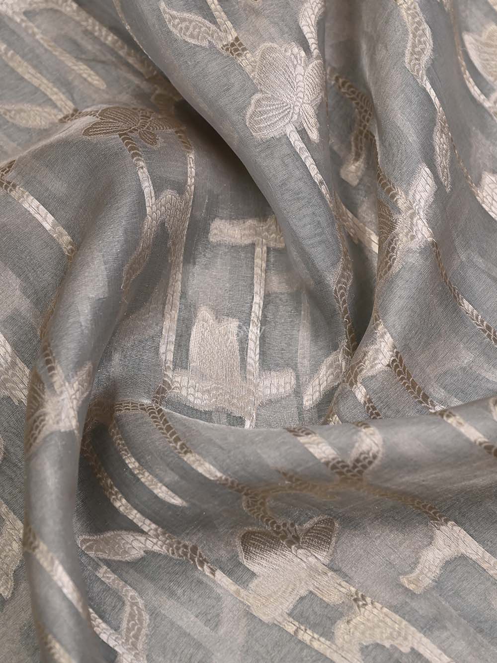 Grey Tissue Jaal Handloom Banarasi Dupatta - Sacred Weaves