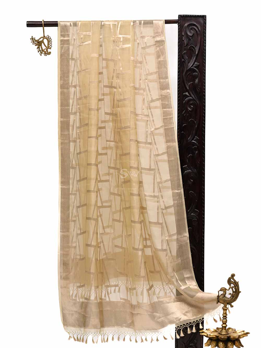 Pastel Yellow Tissue Jaal Handloom Banarasi Dupatta - Sacred Weaves