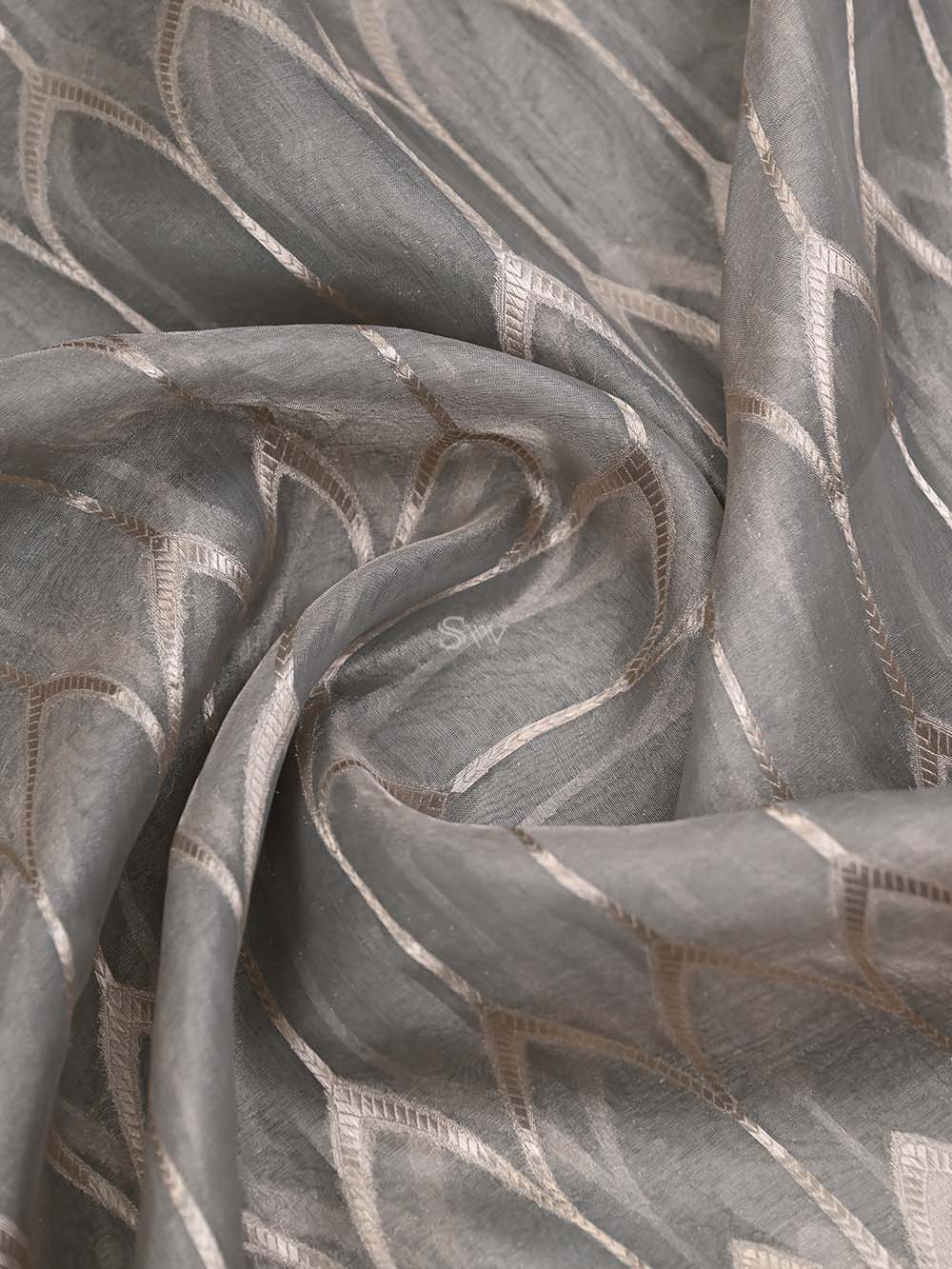 Grey Tissue Jaal Handloom Banarasi Dupatta - Sacred Weaves