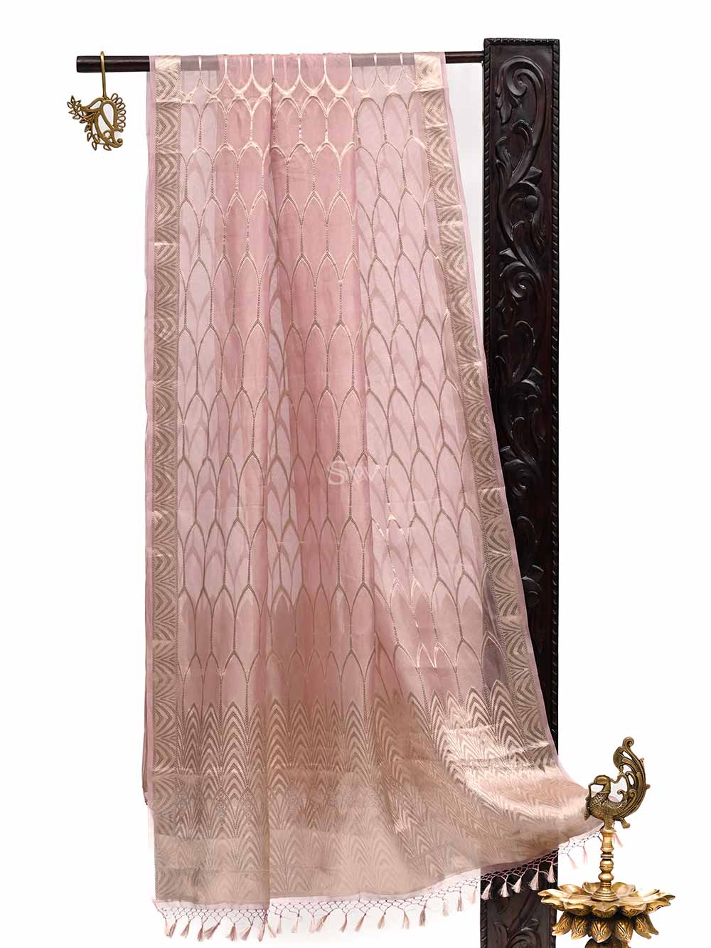 Pastel Pink Tissue Jaal Handloom Banarasi Dupatta - Sacred Weaves