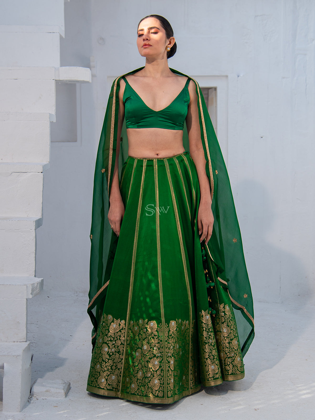 Bottle Green Satin Silk Handloom Banarasi Lehenga - Sacred Weaves