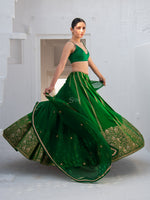 Bottle Green Satin Silk Handloom Banarasi Lehenga - Sacred Weaves