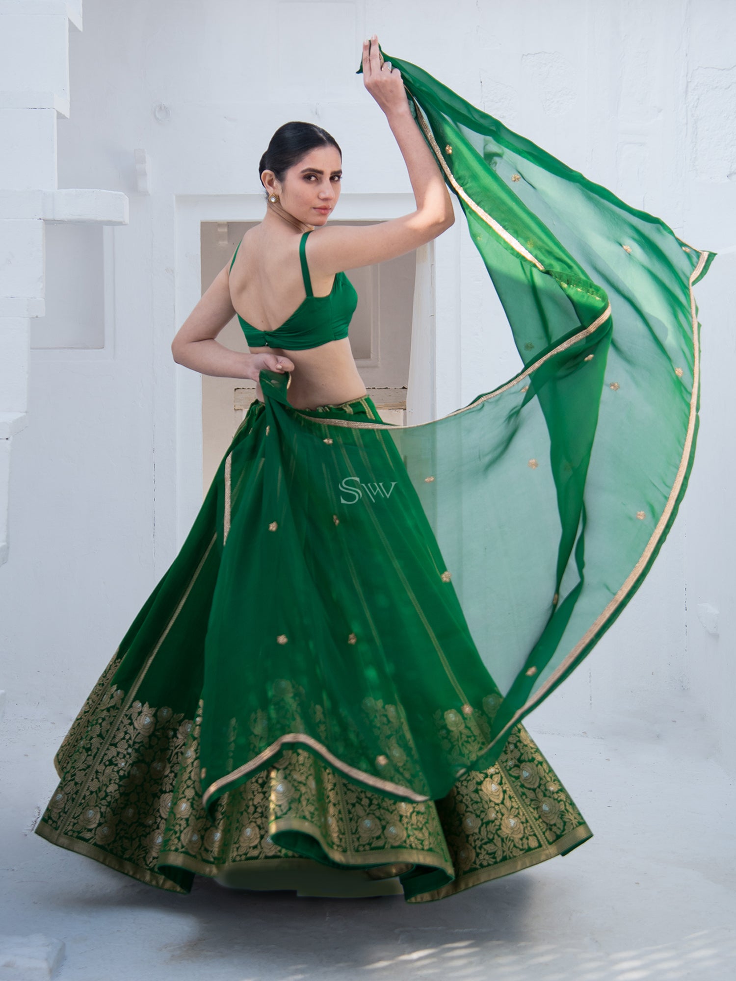 Bottle Green Satin Silk Handloom Banarasi Lehenga - Sacred Weaves