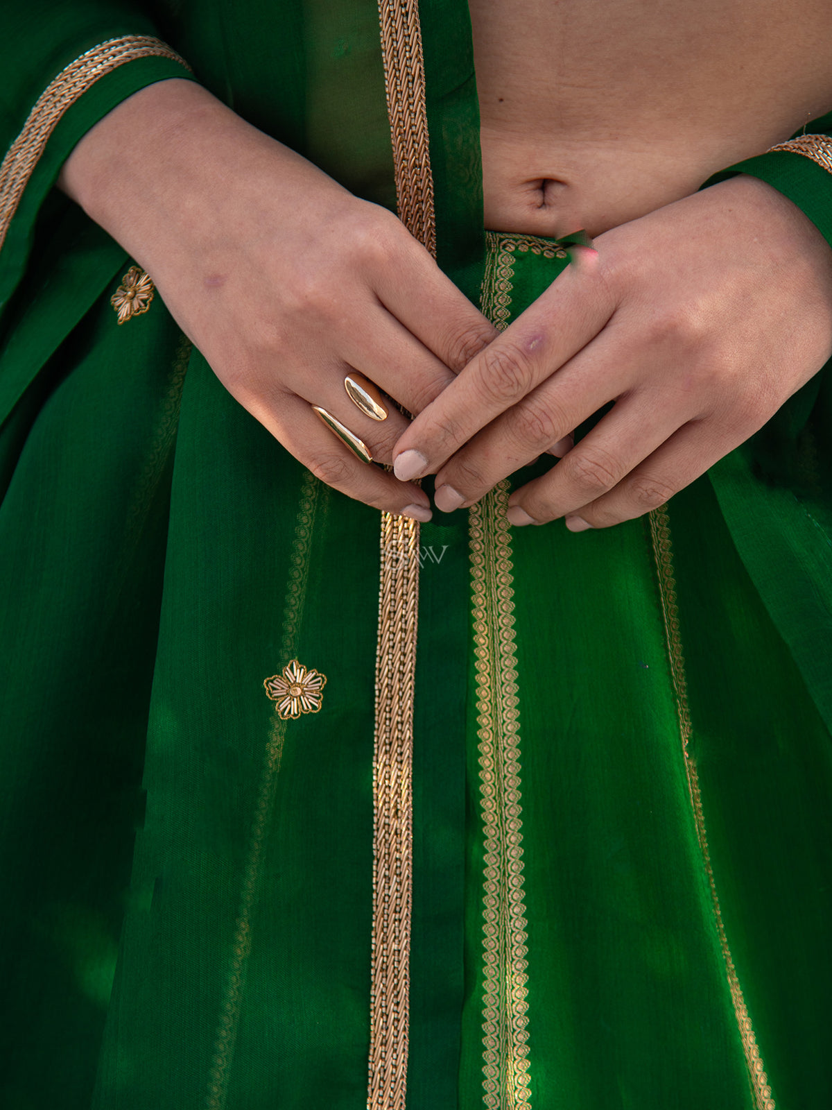 Bottle Green Satin Silk Handloom Banarasi Lehenga - Sacred Weaves