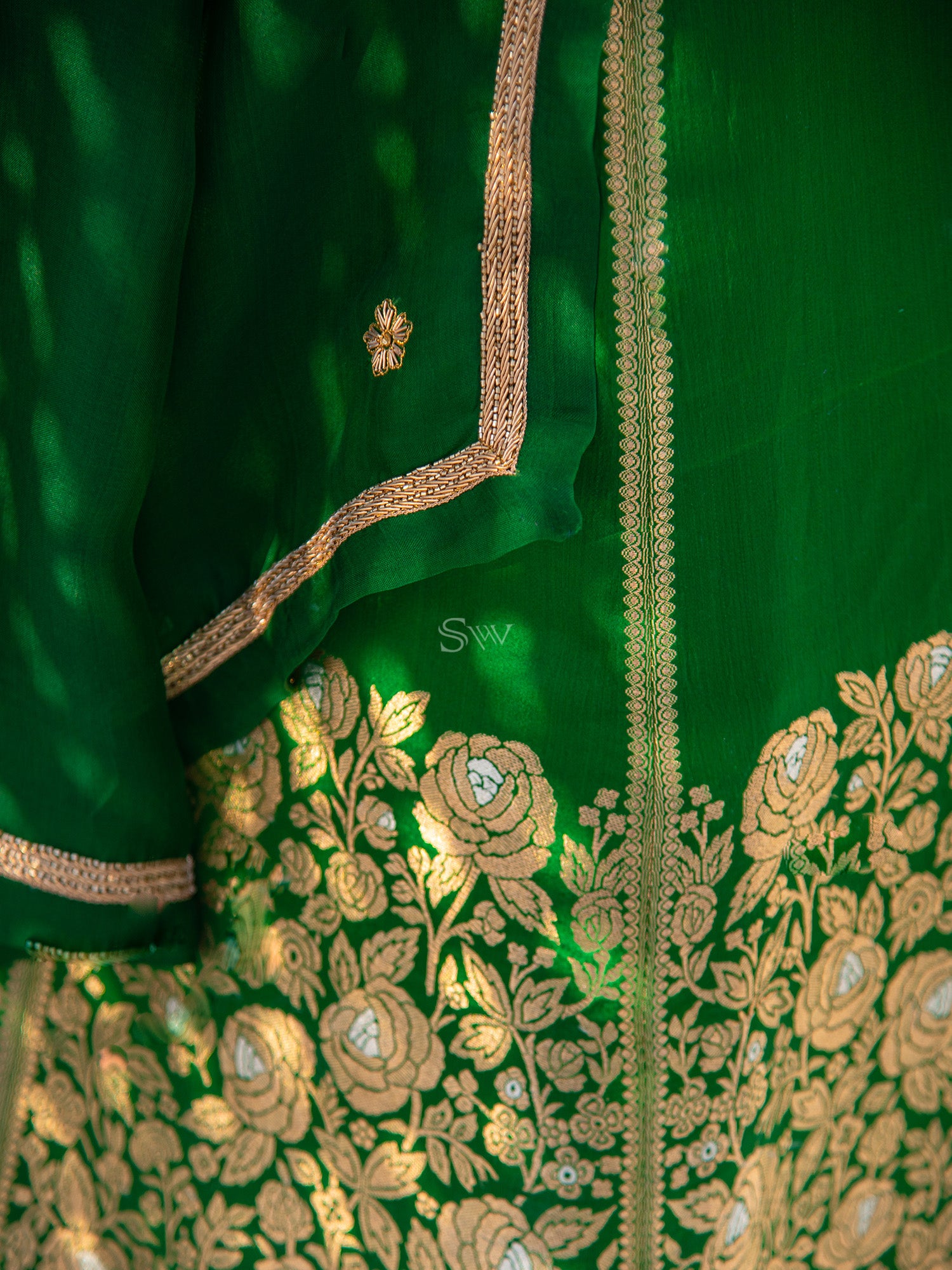 Bottle Green Satin Silk Handloom Banarasi Lehenga - Sacred Weaves