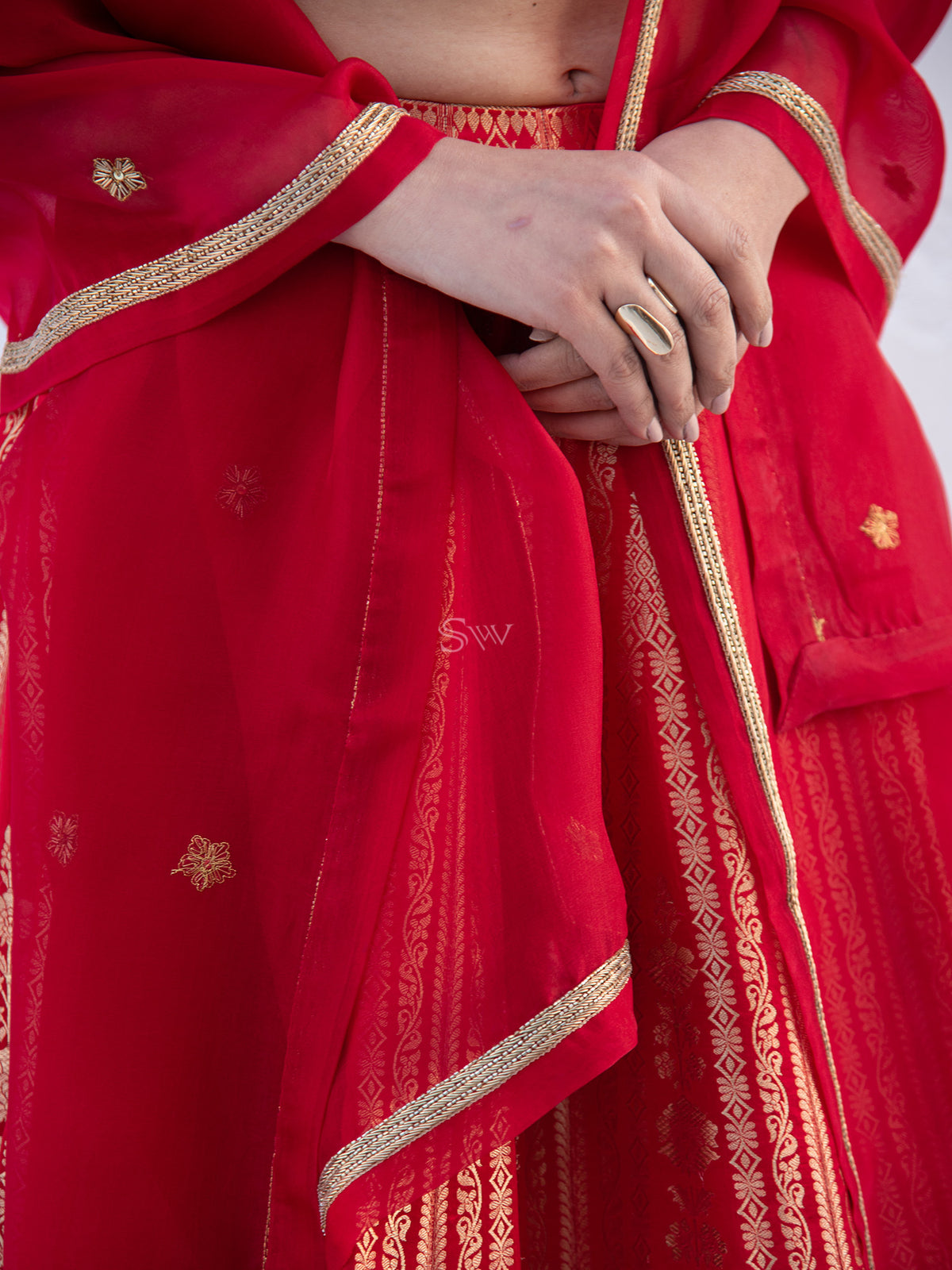 Red Satin Silk Handloom Banarasi Lehenga - Sacred Weaves
