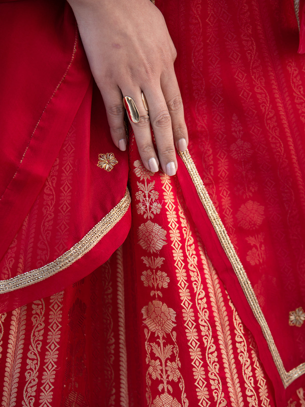 Red Satin Silk Handloom Banarasi Lehenga - Sacred Weaves