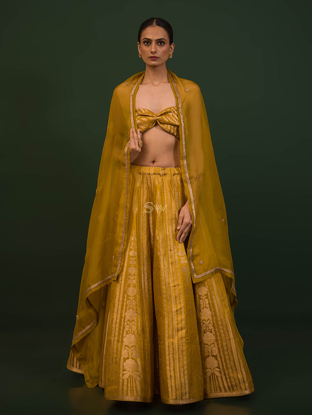 Mustard Satin Silk Handloom Banarasi Lehenga - Sacred Weaves