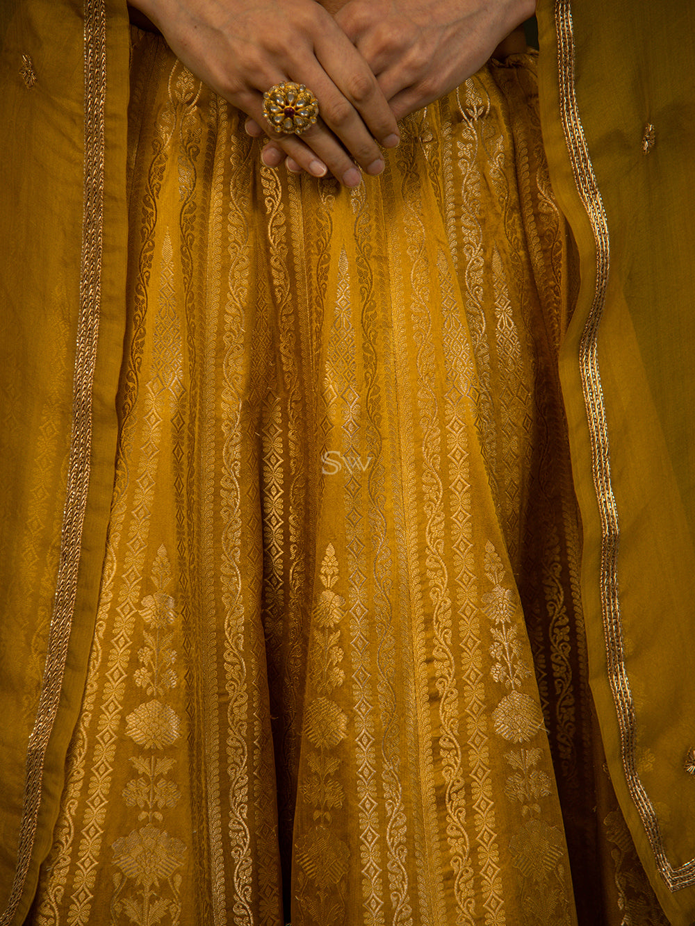 Mustard Satin Silk Handloom Banarasi Lehenga - Sacred Weaves