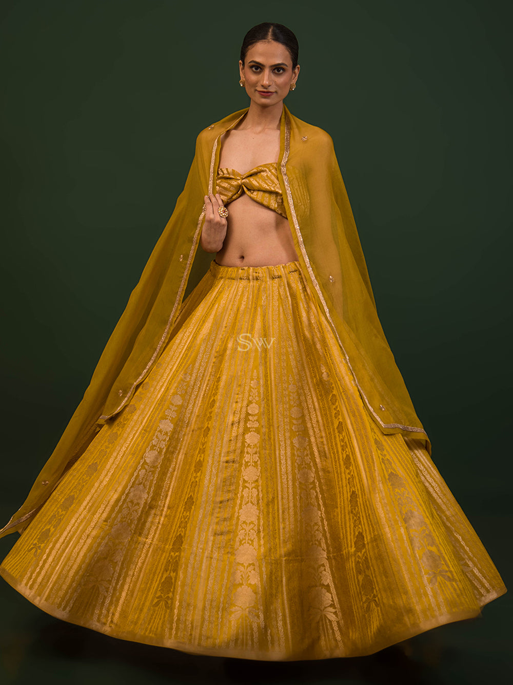 Mustard Satin Silk Handloom Banarasi Lehenga - Sacred Weaves