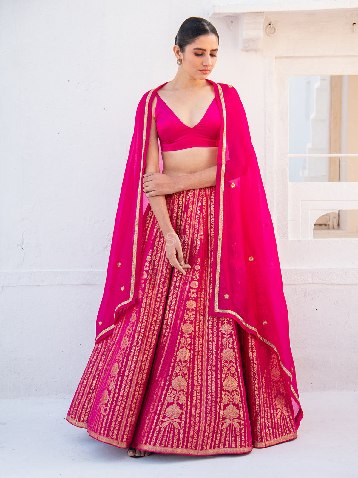 Magenta Satin Silk Handloom Banarasi Lehenga - Sacred Weaves