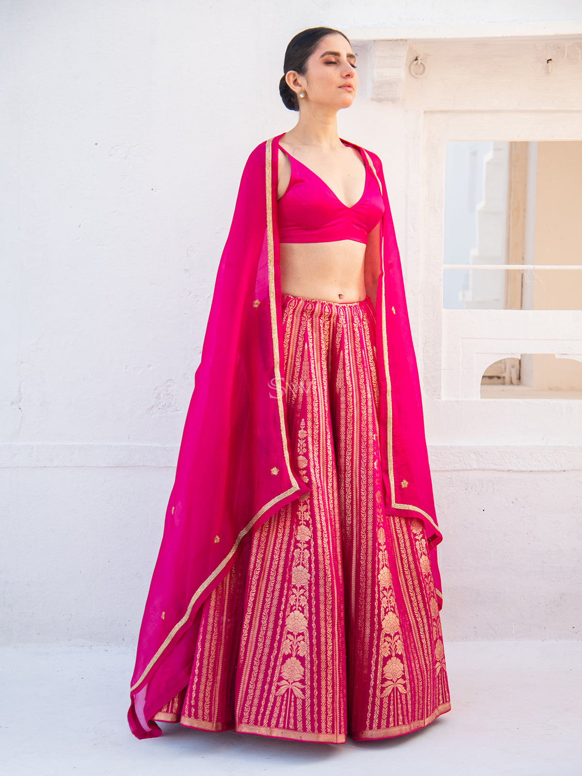 Magenta Satin Silk Handloom Banarasi Lehenga - Sacred Weaves