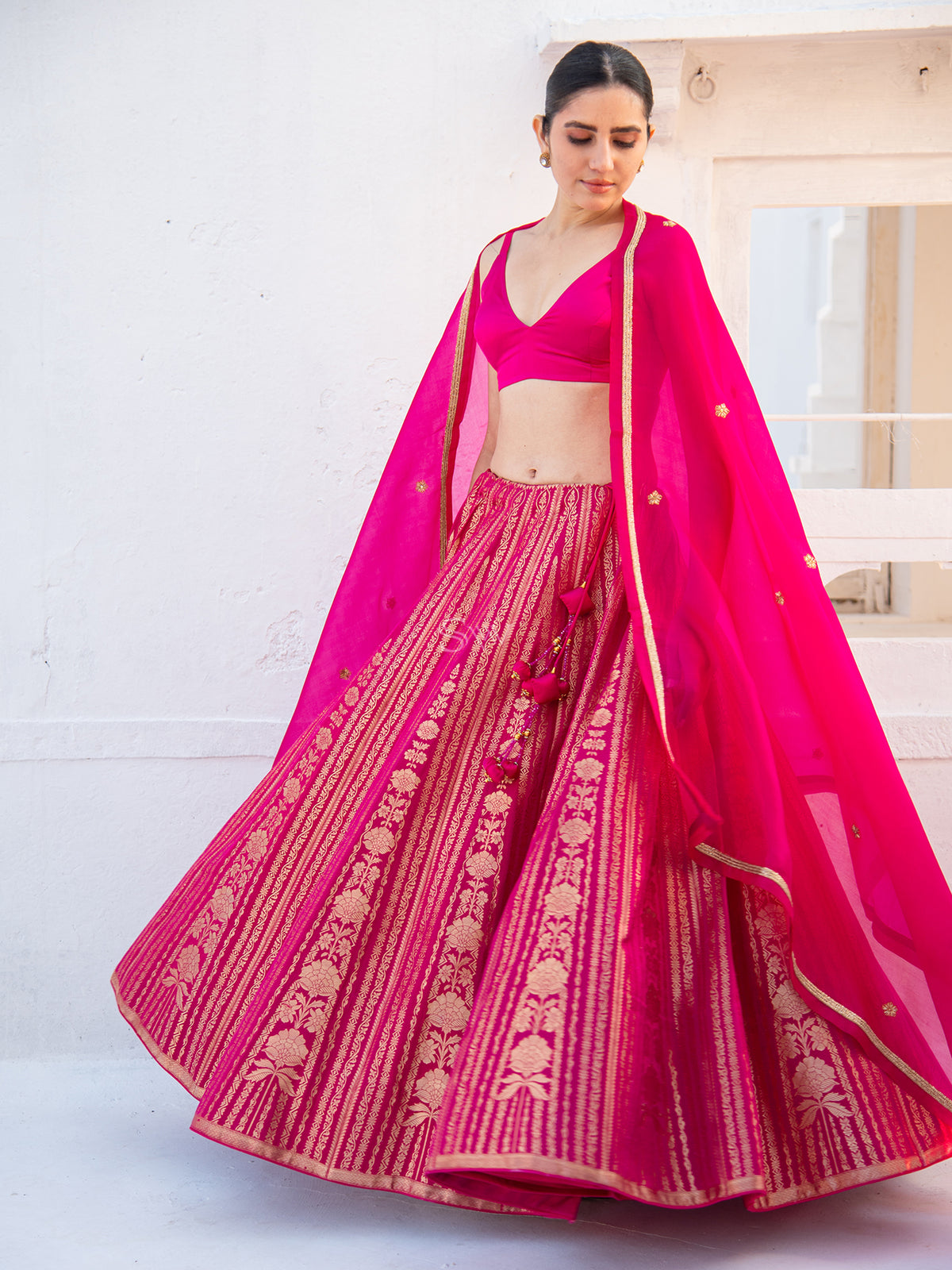 Magenta Satin Silk Handloom Banarasi Lehenga - Sacred Weaves