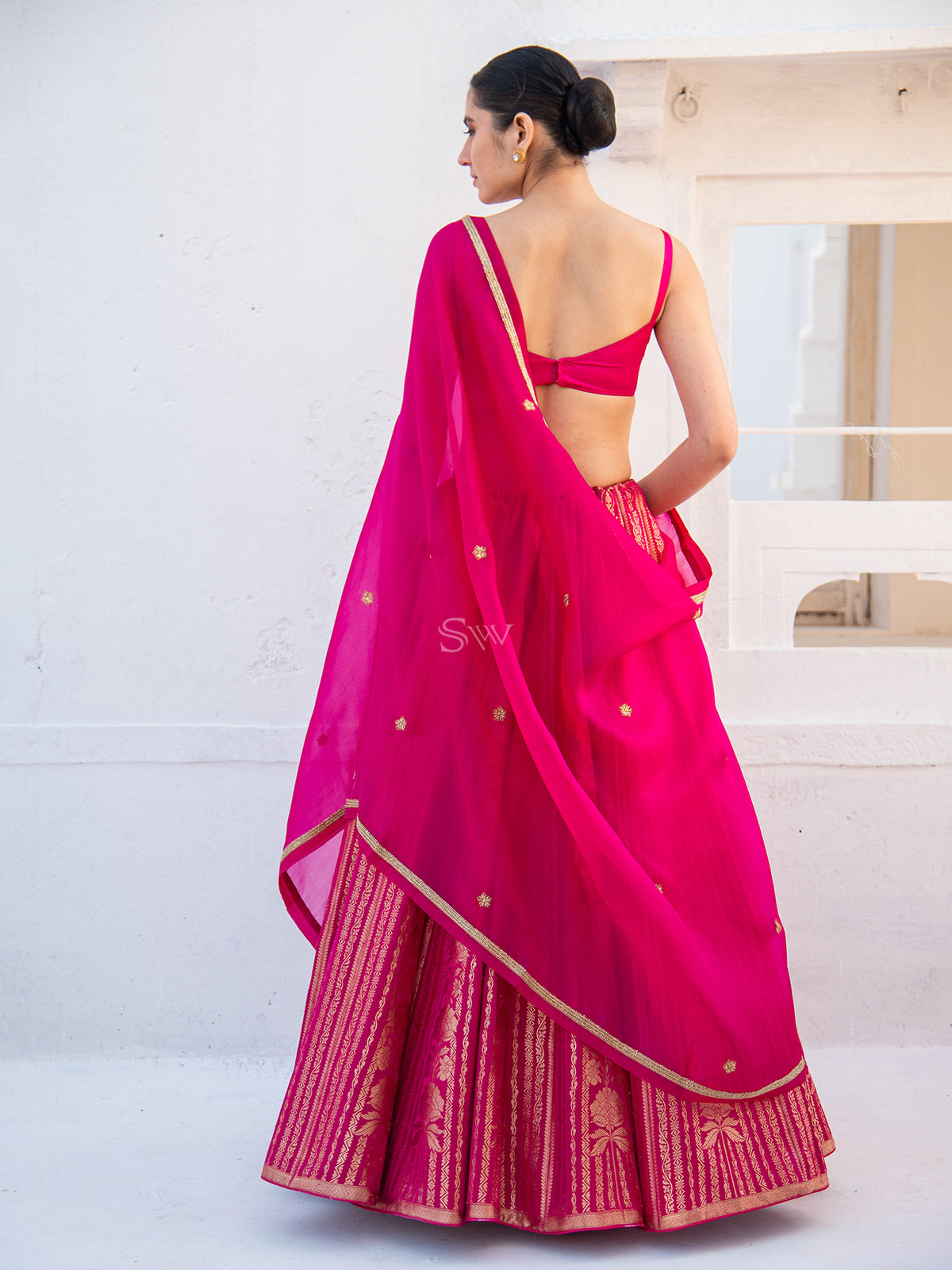 Magenta Satin Silk Handloom Banarasi Lehenga - Sacred Weaves