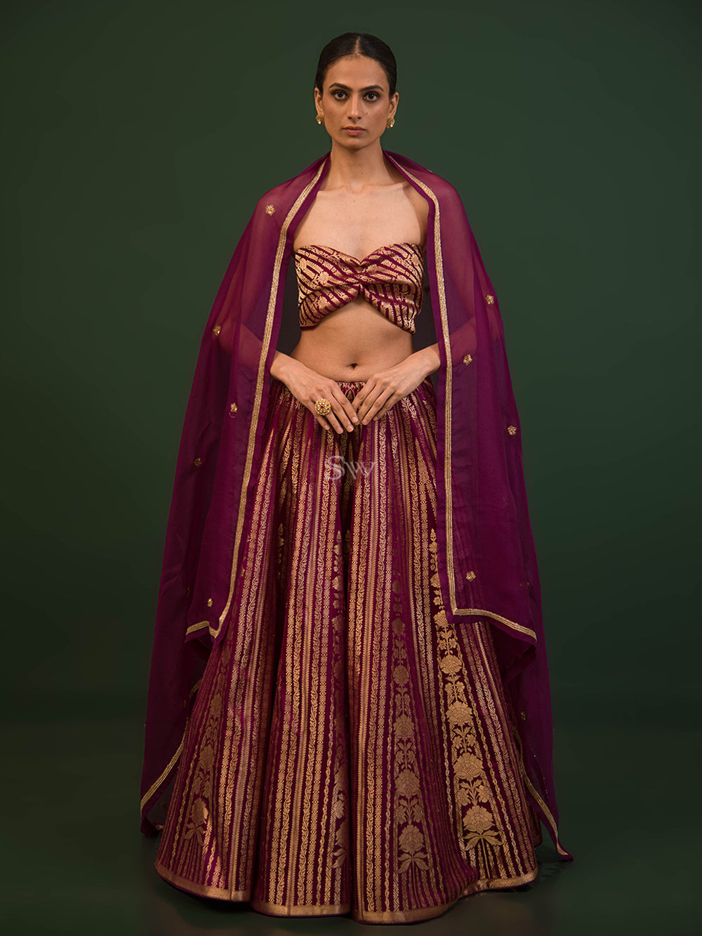 Dark Purple Satin Silk Handloom Banarasi Lehenga - Sacred Weaves