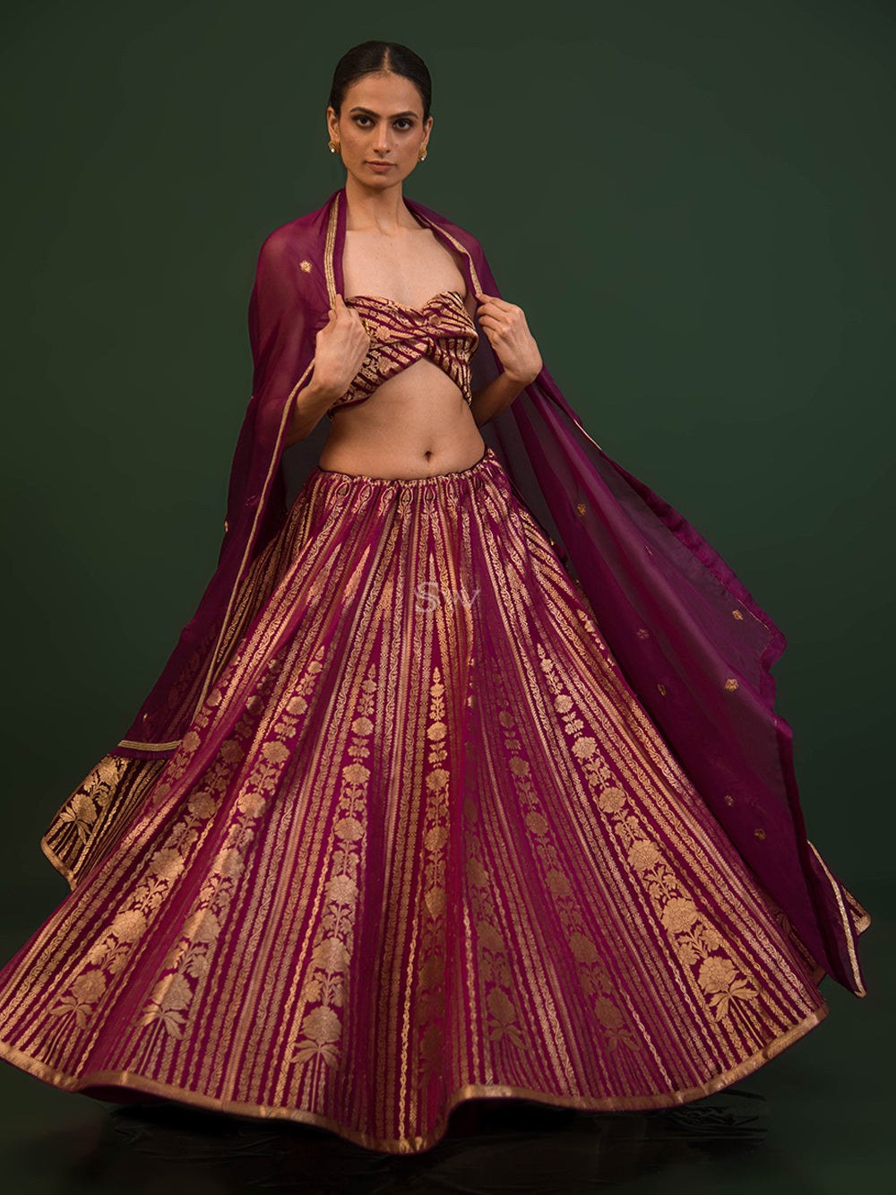 Dark Purple Satin Silk Handloom Banarasi Lehenga - Sacred Weaves