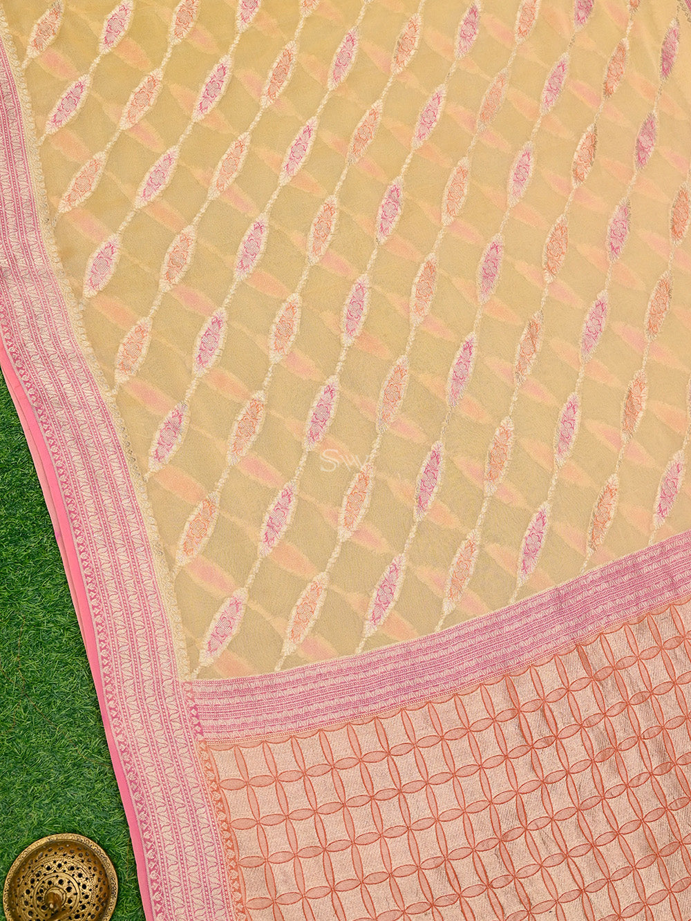Pastel Peach Rangkat Khaddi Georgette Handloom Banarasi Saree - Sacred Weaves