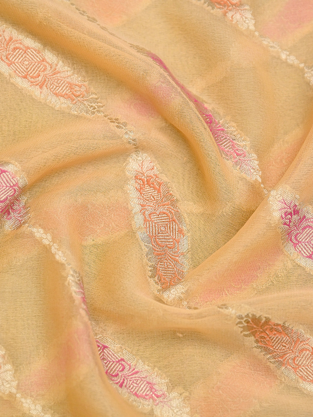 Pastel Peach Rangkat Khaddi Georgette Handloom Banarasi Saree - Sacred Weaves